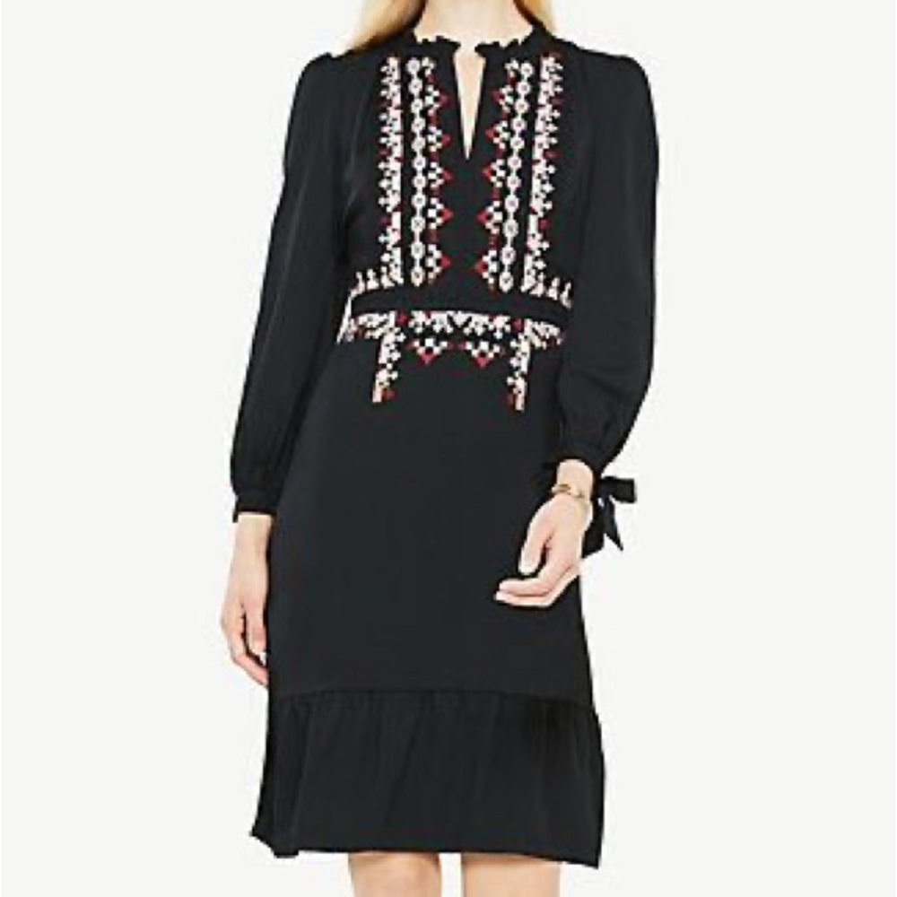 Ann Taylor Black Long Sleeve Boho Dress with Embroidery